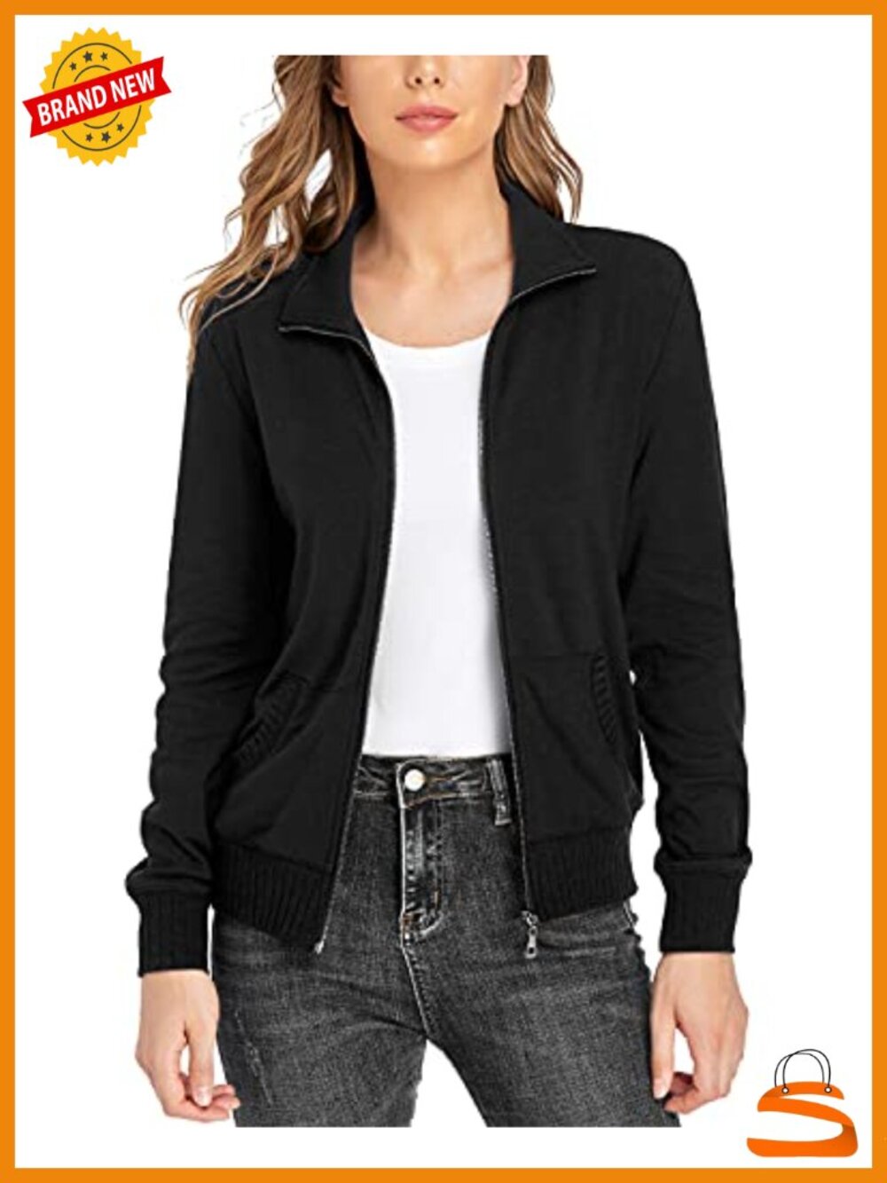 Women's Stand Collar Zip Up Long Sleeve Jacket with Pockets